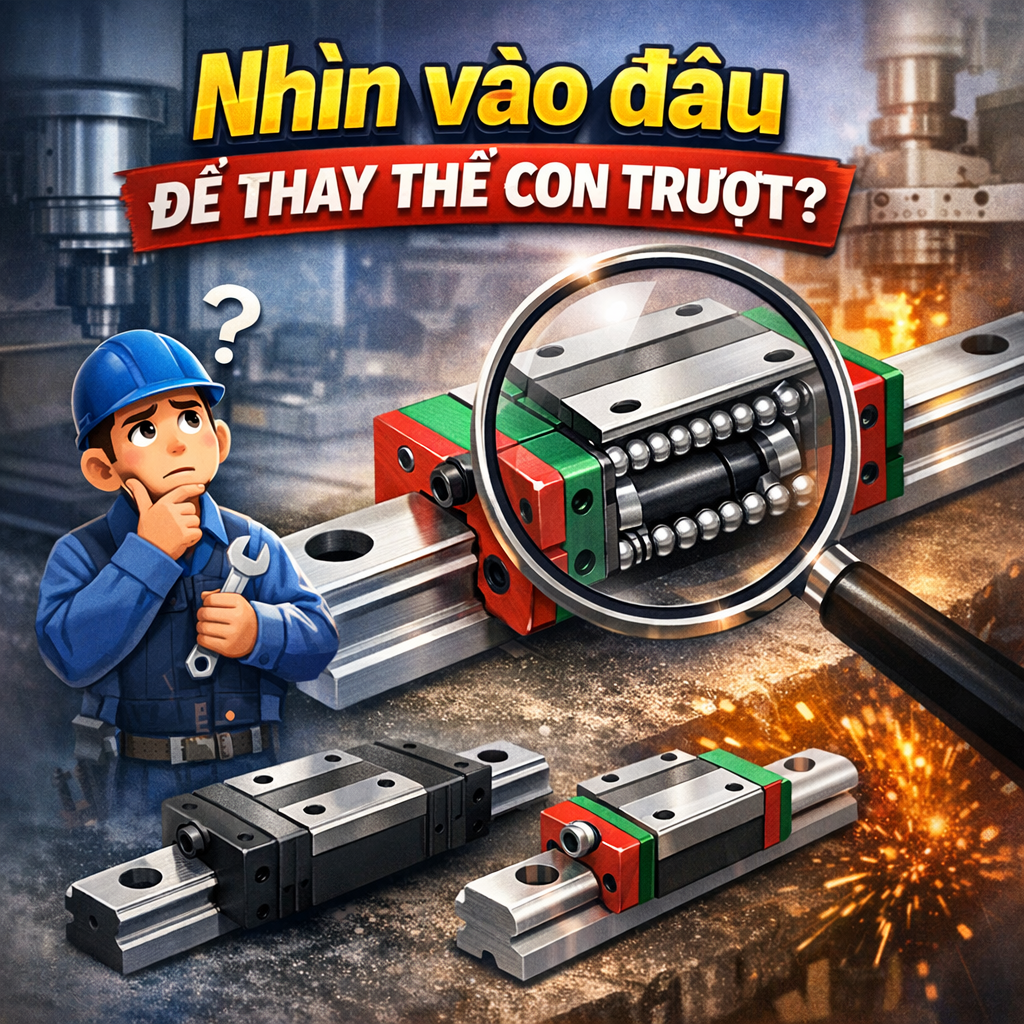 Nh&igrave;n v&agrave;o đ&acirc;u để thay thế con trượt hiện tại? 6 yếu tố chọn đ&uacute;ng ray trượt, tr&aacute;nh thay sai g&acirc;y rung m&aacute;y